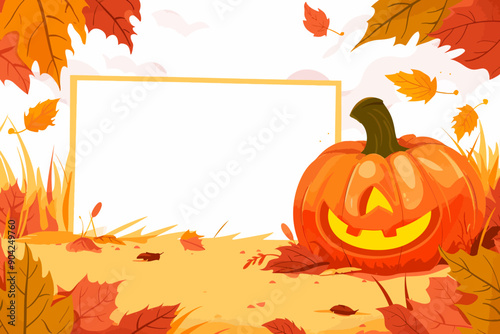 Autumn Pumpkin Halloween Banner: A festive and charming autumn scene with a cheerful pumpkin and blank banner, perfect for your Halloween events or autumnal designs. 