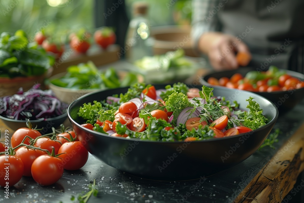 Preparing a Colorful Garden Salad With Fresh Ingredients in a Cozy Kitchen Preparing a Colorful Garden Salad With Fresh Ingredients in a Cozy Kitchen