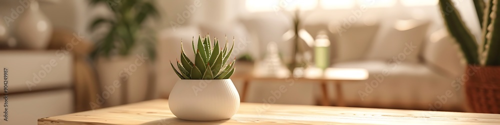 Close-up of diffuser, beige and white room, wooden table, Aloe smash bottle, succulent, blurred furniture, bokeh effect, clean design. Close-up of diffuser, beige and white room, wooden table, Aloe smash bottle, succulent, blurred furniture, bokeh effect, clean design.