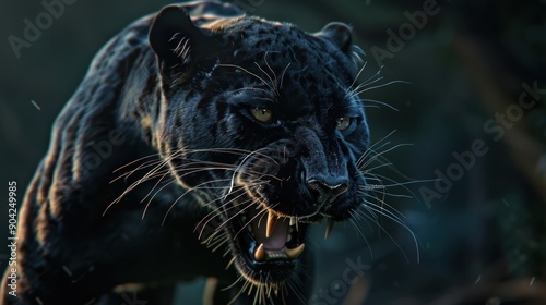 Ferocious black panther with shining eyes and open mouth photo