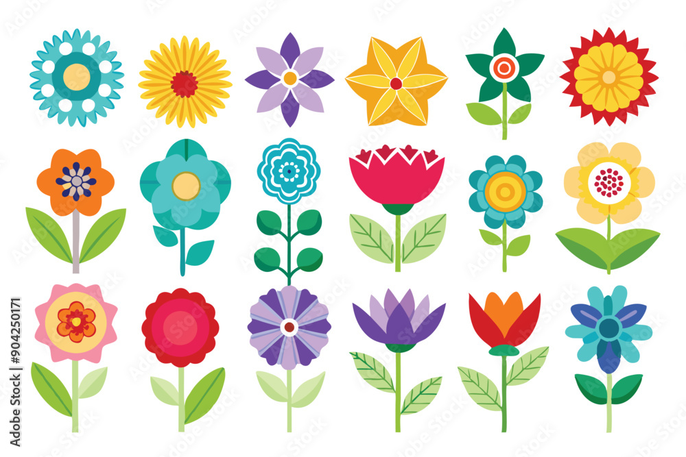 Obraz premium Collection of Colorful Stylized Flowers with Various Shapes and Patterns