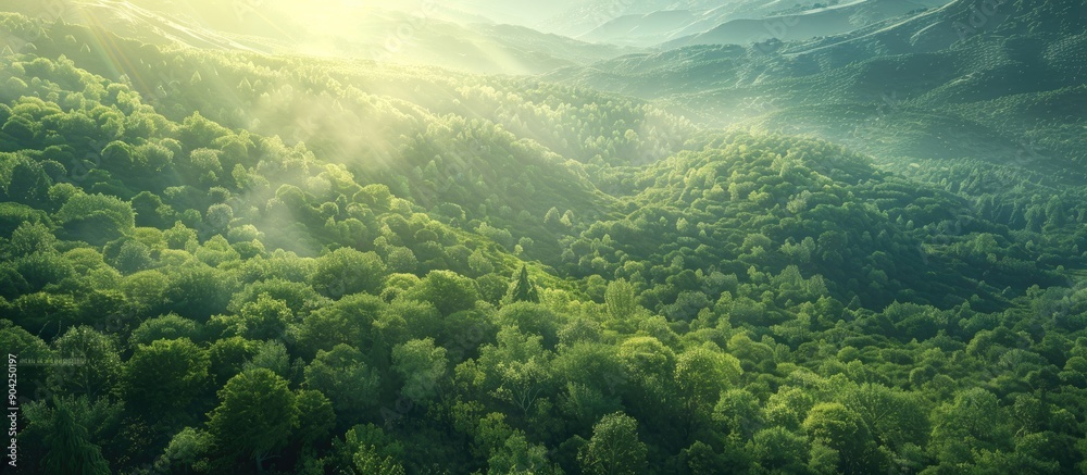 A vast expanse of lush green forest blankets hilly terrain in the sunlight offering a serene landscape with copy space image A vast expanse of lush green forest blankets hilly terrain in the sunlight offering a serene landscape with copy space image