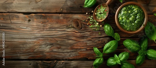 Traditional Italian pesto ingredients displayed on a wooden surface from a top down view with copy space image for text integration