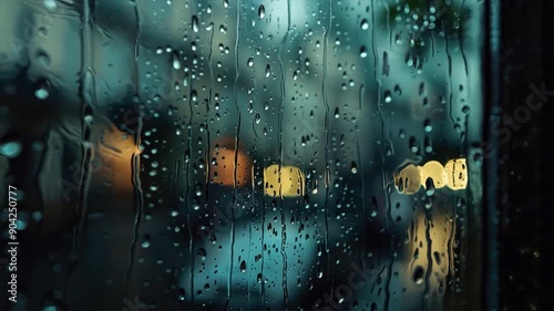  raindrops trickling down a windowpane, representing melancholy