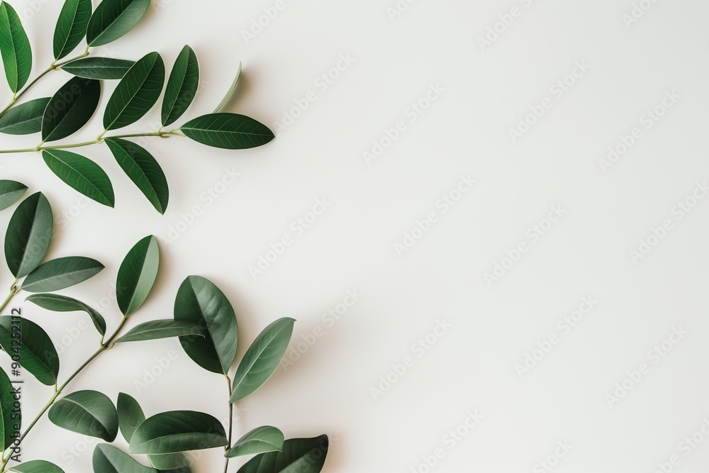 An elegant display of greenery with lush leaves laid out on a white background, offering a fresh and natural look. An elegant display of greenery with lush leaves laid out on a white background, offering a fresh and natural look.