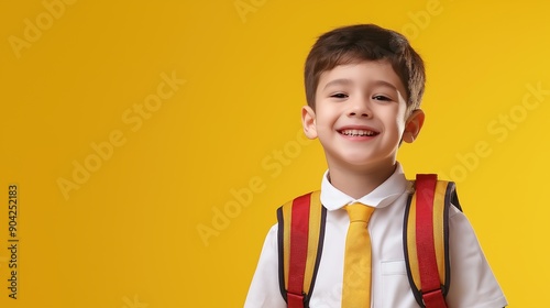 happy young student boy wearing backpack and school uniform , back to school concept, back again , isolated on yellow background