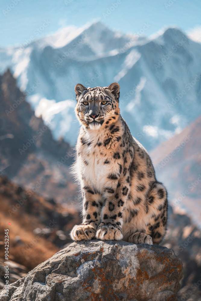 Fototapeta premium Snow Leopard Resting on Rocky Mountain Outcrop