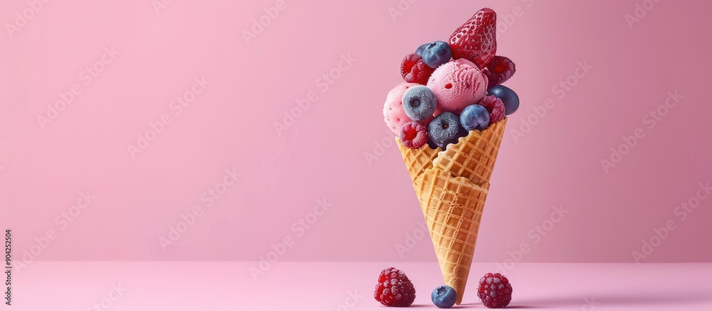 Berries in an ice cream cone on a pink backdrop with copy space image Berries in an ice cream cone on a pink backdrop with copy space image