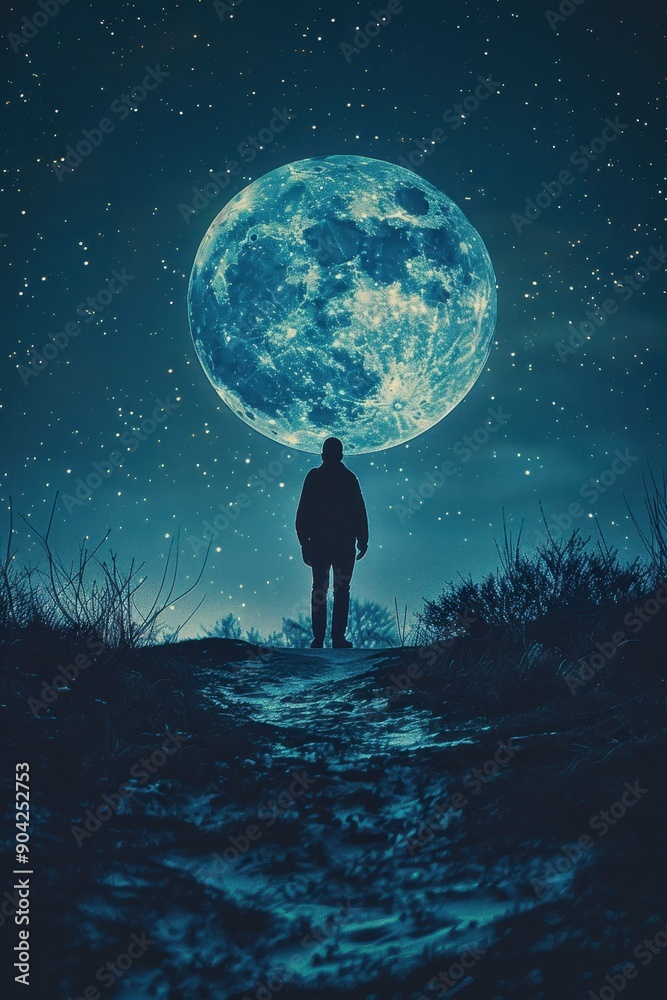 A person stands in a field of tall grass at night, looking up at the sky. The sky is filled with stars and a large moon. The scene is peaceful and serene, with the person feeling small A person stands in a field of tall grass at night, looking up at the sky. The sky is filled with stars and a large moon. The scene is peaceful and serene, with the person feeling small