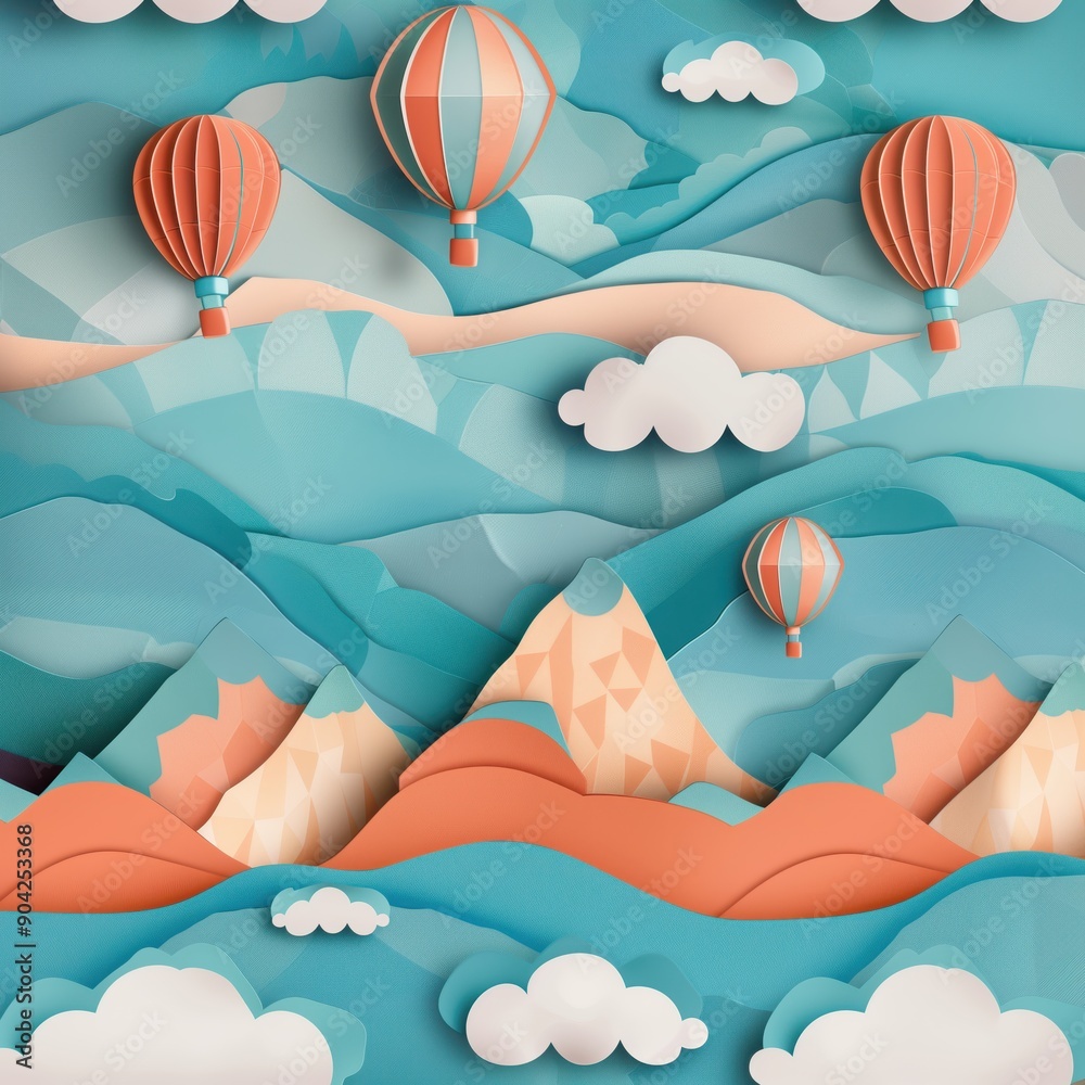 Whimsical 3D Paper Art Landscape with Hot Air Balloons and Mountains Whimsical 3D Paper Art Landscape with Hot Air Balloons and Mountains