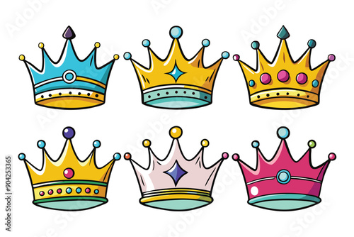 Six Cartoon Crowns with Various Color Schemes and Designs