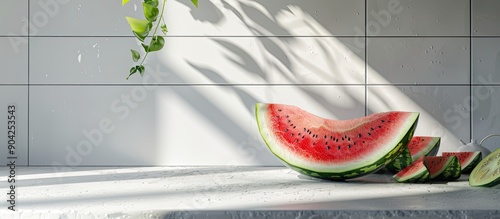 Fresh watermelon displayed on a kitchen table against a white wall with sunlight as a backdrop offering a copious copy space image for food drinks and products