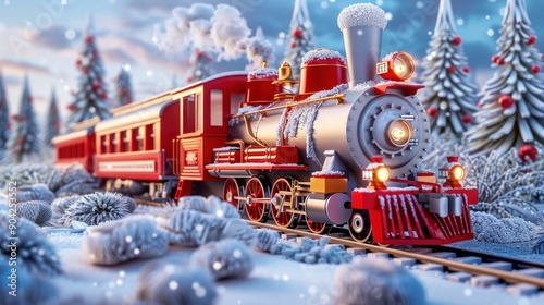 A vibrant red steam train travels through a snowy landscape, creating a magical winter scene filled with holiday charm.