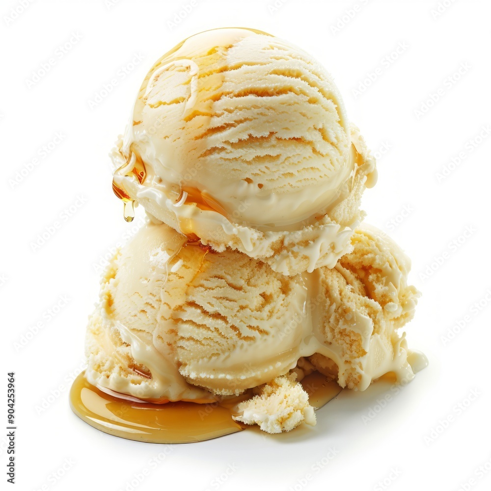 Medium shot of Scoop of ice cream with syrup, isolated on a white background, 