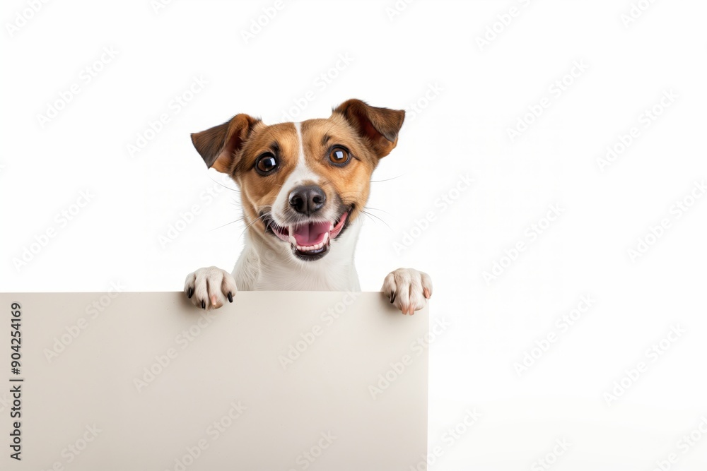 Happy Dog Holding Blank Signboard with Paws on White Background Happy Dog Holding Blank Signboard with Paws on White Background
