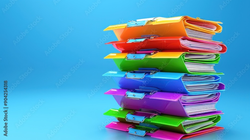 A vibrant stack of colorful file folders against a blue background, representing organization and productivity in the workspace. A vibrant stack of colorful file folders against a blue background, representing organization and productivity in the workspace.