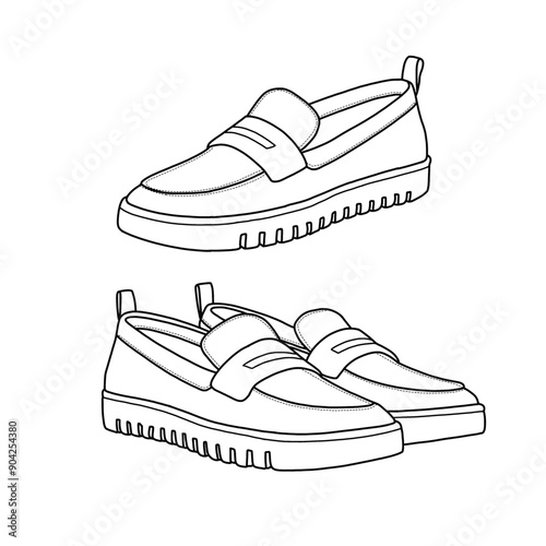 Template vector loafer shoes, slip-on casual shoes hand-drawn collection, suitable for your custom loafer shoe slip-on shoe design. Outline vector doodle illustration, front, and side views