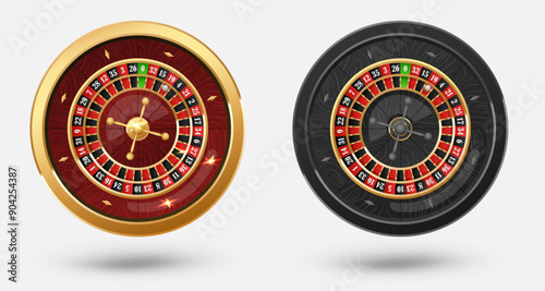 Golden and black casino roulette wheel with wood desk on white background with golden light, rays, glare, sparkles. Vector illustration for casino, game design, advertising