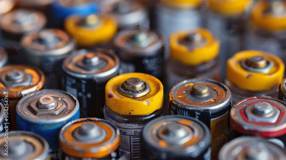 Close-up of various used batteries with different sizes and corrosion, emphasizing the need for proper recycling and disposal of electronic waste to protect the environment. Close-up of various used batteries with different sizes and corrosion, emphasizing the need for proper recycling and disposal of electronic waste to protect the environment.