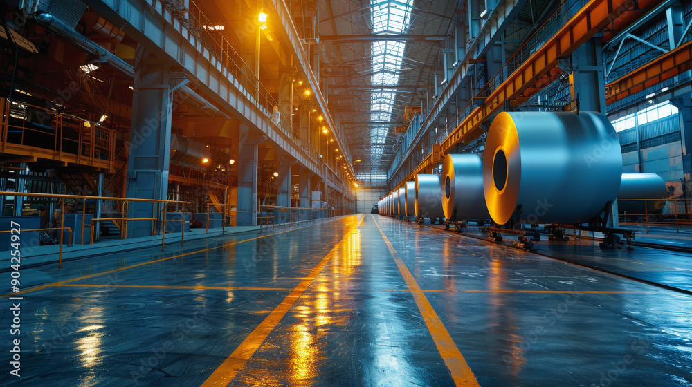 Obraz premium An industrial warehouse displaying large rolls of sheet metal lined up, illuminated by bright lights reflecting off the shiny floor and metallic surfaces.