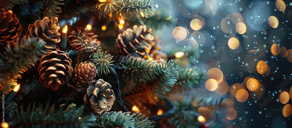 Close up view of a festive New Year Christmas tree adorned with pine cones garlands and lights featuring copy space for a cheerful and joyful holiday greeting Close up view of a festive New Year Christmas tree adorned with pine cones garlands and lights featuring copy space for a cheerful and joyful holiday greeting