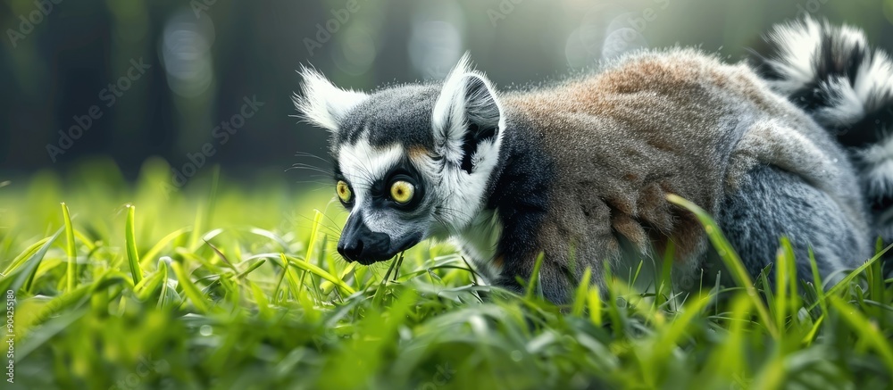 Ring tailed lemur with a cute demeanor feasting on grass in a copy space image Ring tailed lemur with a cute demeanor feasting on grass in a copy space image