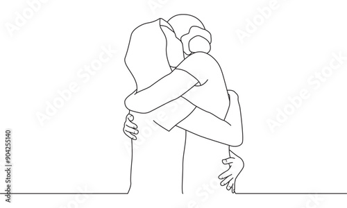 line art illustration of two asian women hugging, friendship hug