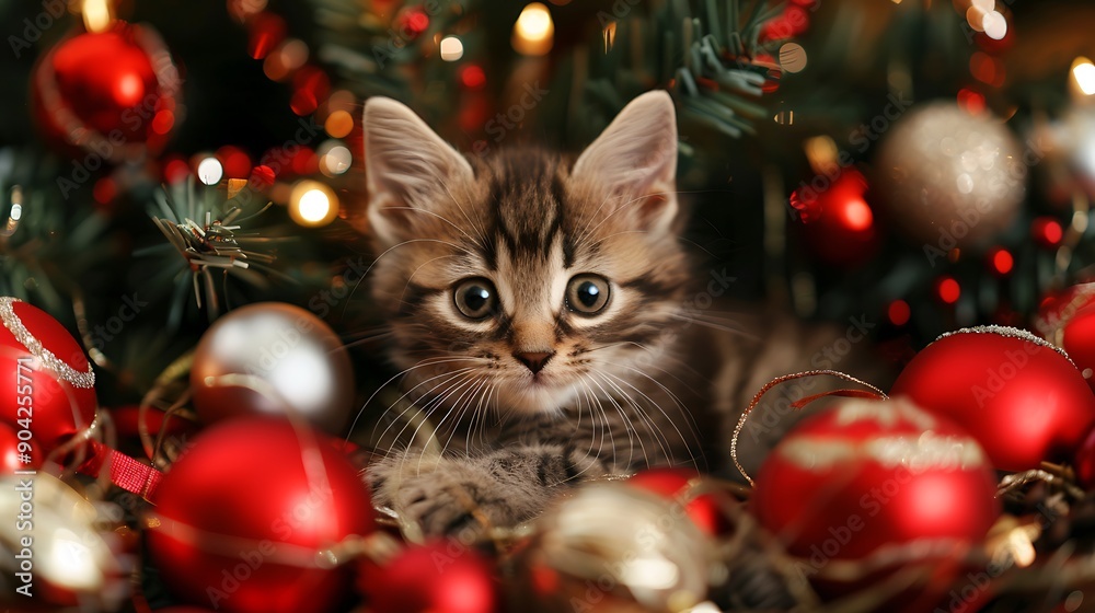Christmas holiday kitten with decorations all around Christmas holiday kitten with decorations all around