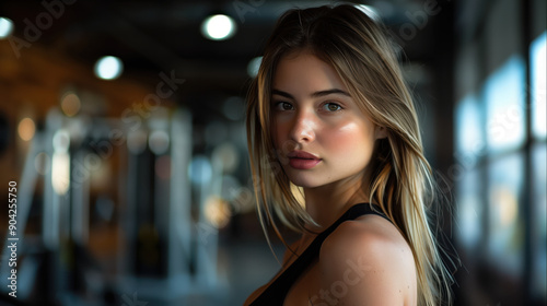 Beautiful Woman in Gym with Natural Lighting and Soft Focus Background