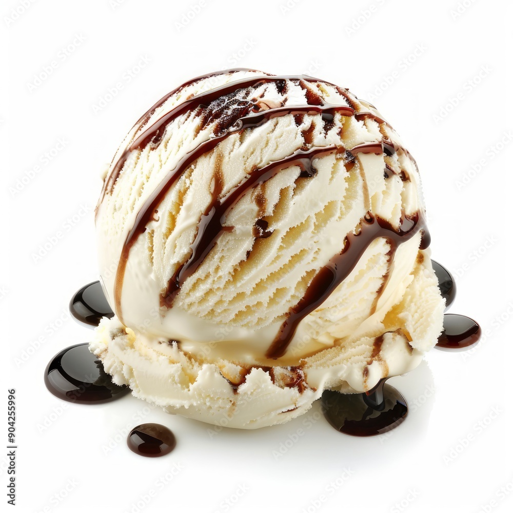 Medium shot of Scoop of ice cream with syrup, isolated on a white background,