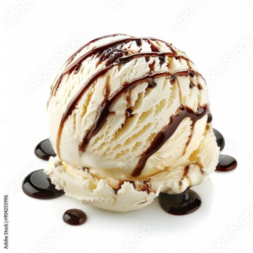 Obraz na płótnie Medium shot of Scoop of ice cream with syrup, isolated on a white background, w salonie