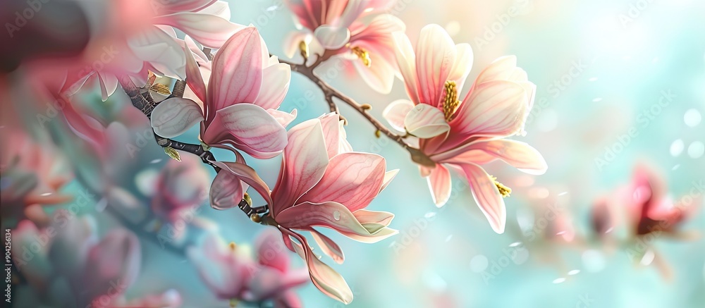 Lovely pink magnolia flower blossoming on a tree branch in a garden with a picturesque copy space image Lovely pink magnolia flower blossoming on a tree branch in a garden with a picturesque copy space image