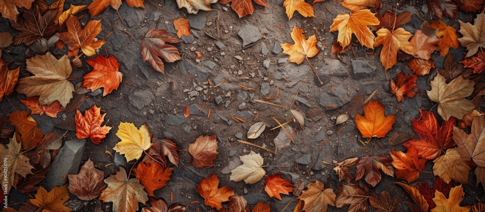 Close up of a pathway blanketed with autumn leaves offering a textured and patterned frame around a copy space image for text Close up of a pathway blanketed with autumn leaves offering a textured and patterned frame around a copy space image for text