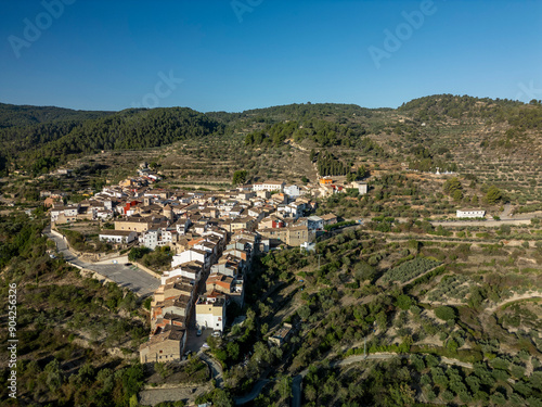 Aerial shot of Alcolecha is a municipality in the Valencian Community, located in the north of the province of Alicante, in the County of Cocentaina, Spain - stock photo photo