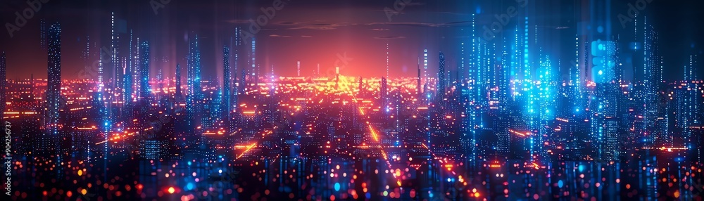 Digital cityscape, blue lights, dark background, futuristic hightech environment Digital cityscape, blue lights, dark background, futuristic hightech environment
