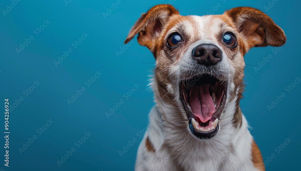 Dog with mouth wide open, blue background, closeup shot, playful and expressive, high detail Dog with mouth wide open, blue background, closeup shot, playful and expressive, high detail