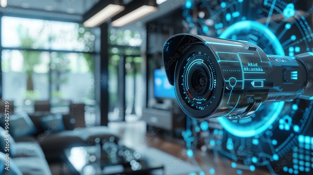 Futuristic security camera, digital interface, modern living room, focus on technology Futuristic security camera, digital interface, modern living room, focus on technology
