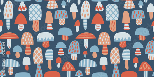 Fungus seamless pattern in blue colours on dark background