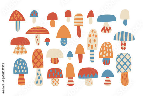 Set of flat stylized mushrooms. forest print