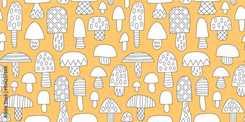 Doodle mushroom seamless pattern., yellow background