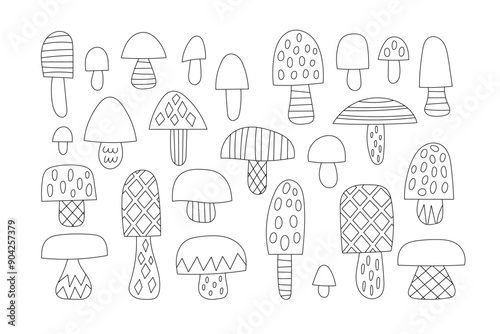Set of black-white doodle fungus