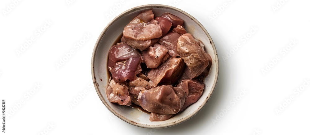 Bowl of uncooked chicken liver seasoned isolated on white with copy space image Bowl of uncooked chicken liver seasoned isolated on white with copy space image