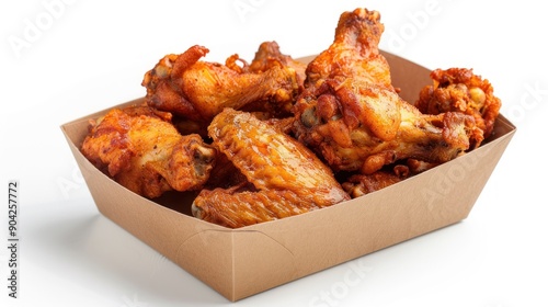 Delicious fried chicken wings in paper box, isolated on white background