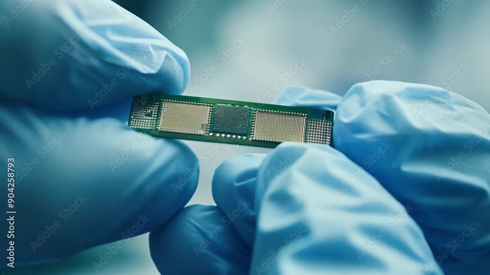 Closeup of a worker in a semiconductor factory carefully holds and cleans a CPU processor chip, showcasing the precision required in the creation of microchip hardware. Generative AI