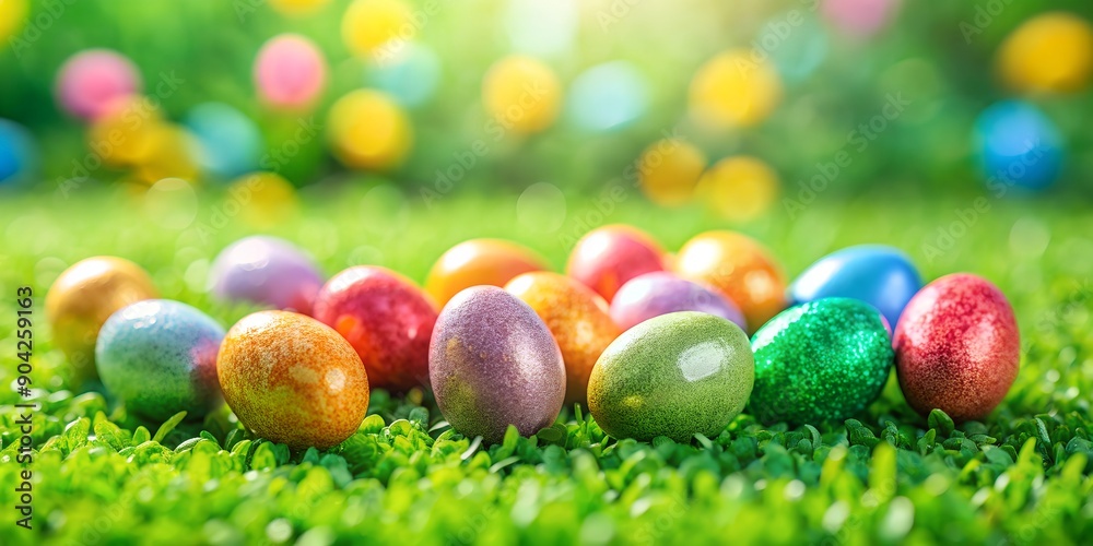 Candy-filled eggs on green grass Generative AI, easter, holiday, spring, colorful Candy-filled eggs on green grass Generative AI, easter, holiday, spring, colorful