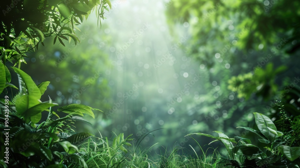 Obraz premium Lush Green Forest with Sunlight Through Leaves.