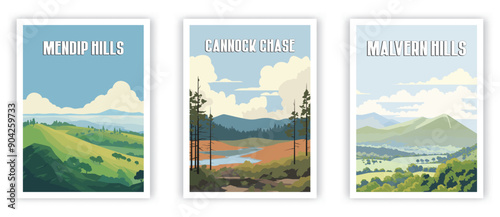 Mendip Hills, Cannock Chase, Malvern Hills Illustration Art. Travel Poster Wall Art. Minimalist Vector art