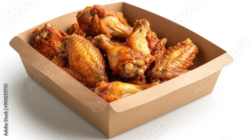 Delicious fried chicken wings in paper box, isolated on white background