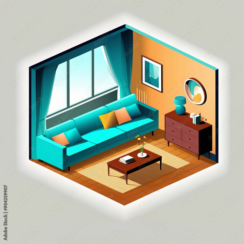 Isometric living room soft illustration with gradient color Isometric living room soft illustration with gradient color