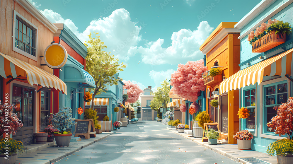 Obraz premium Vibrant small town street lined with colorful shops and blooming trees under a bright, sunny sky, creating a cheerful atmosphere